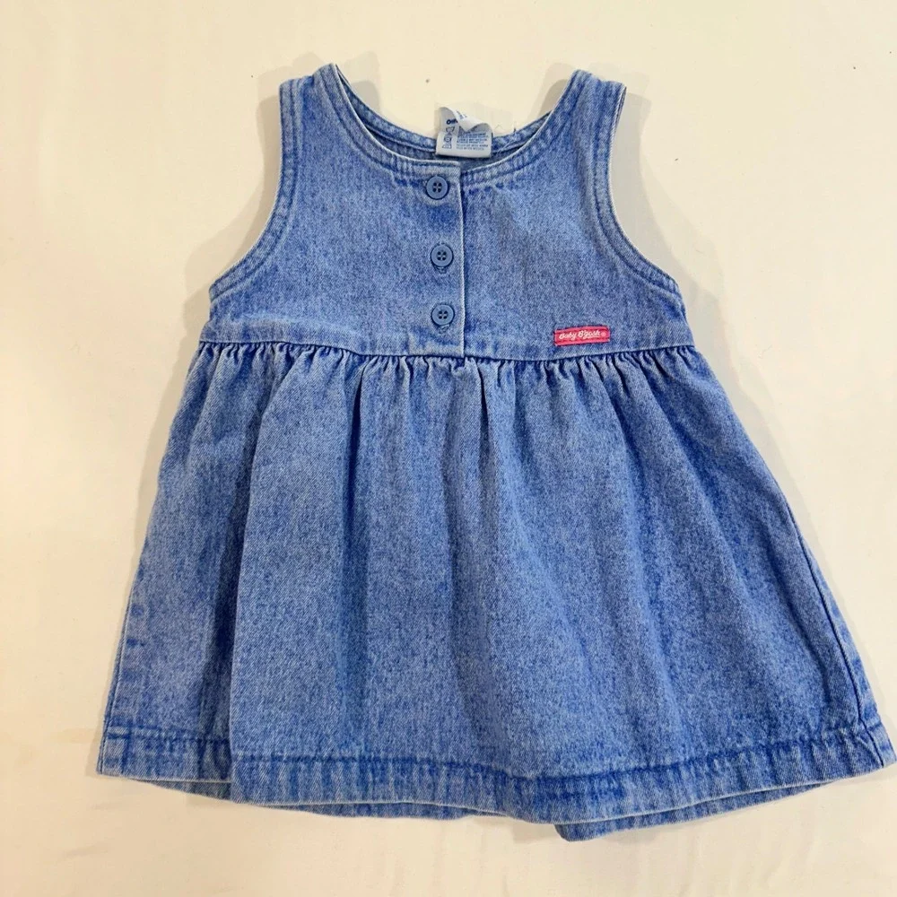 OshKosh Baby Girls Denim Dress Vintage Cotton Acid Wash Sleeveless 18M Blue USA